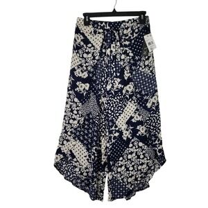 BCX‎ Wide Leg Pants Size M Blue Patchwork Floral Print Drawstring Casual Palazzo